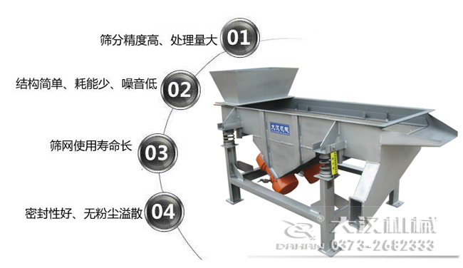 1016型直線振動篩特點：1，篩分精度高，處理量大。2，結(jié)構(gòu)簡單，耗能少，噪音低，3，篩網(wǎng)使用壽命長，密封性好無粉塵溢散。