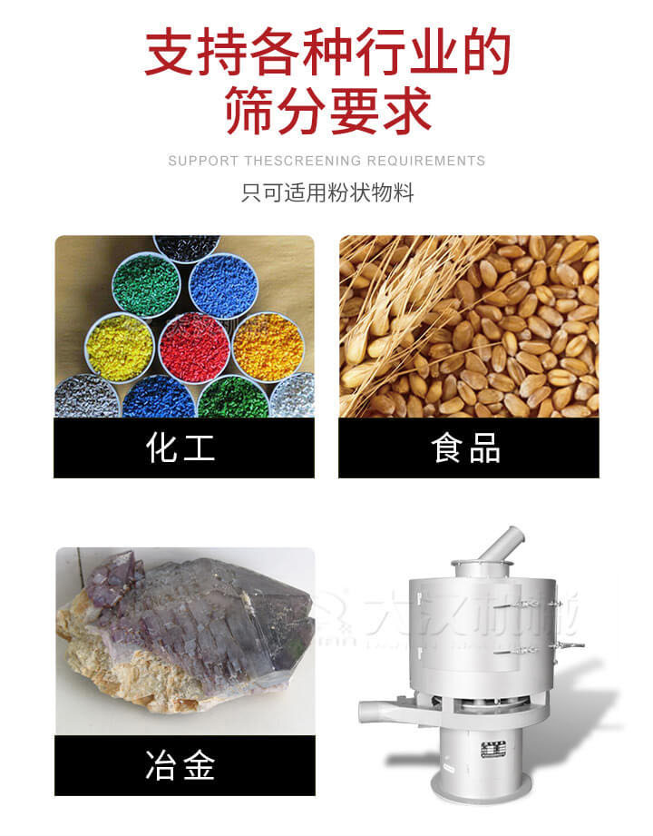 氣流篩用于礦粉，石墨粉，活性納米碳酸鈣，鋁灰，大豆粉，碳酸重鈣，石墨粉，木粉，干草，重金石粉，藥粉末，橡膠顆粒，草酸鹽，干料粉，木粉，聚酯粉，干粉，塑料，金屬粉末，橡膠粉，粉煤灰，石墨粉，陶瓷粉，鋅粉，石英粉，石灰粉，鐵粉，金屬硅粉等。
