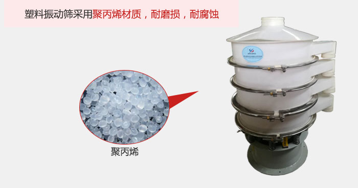 塑料振動篩主要采用塑料材質(zhì)，多用與有一定腐蝕性和與金屬有一定反應的物料使用。