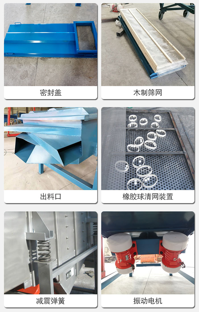 直線篩結構展示：篩網，篩箱，振動電機，振動電機座，減震彈簧，支架等部件展示圖