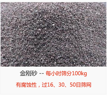 篩分金剛砂每小時100kg，有腐蝕性，過16、30、50目篩網(wǎng)